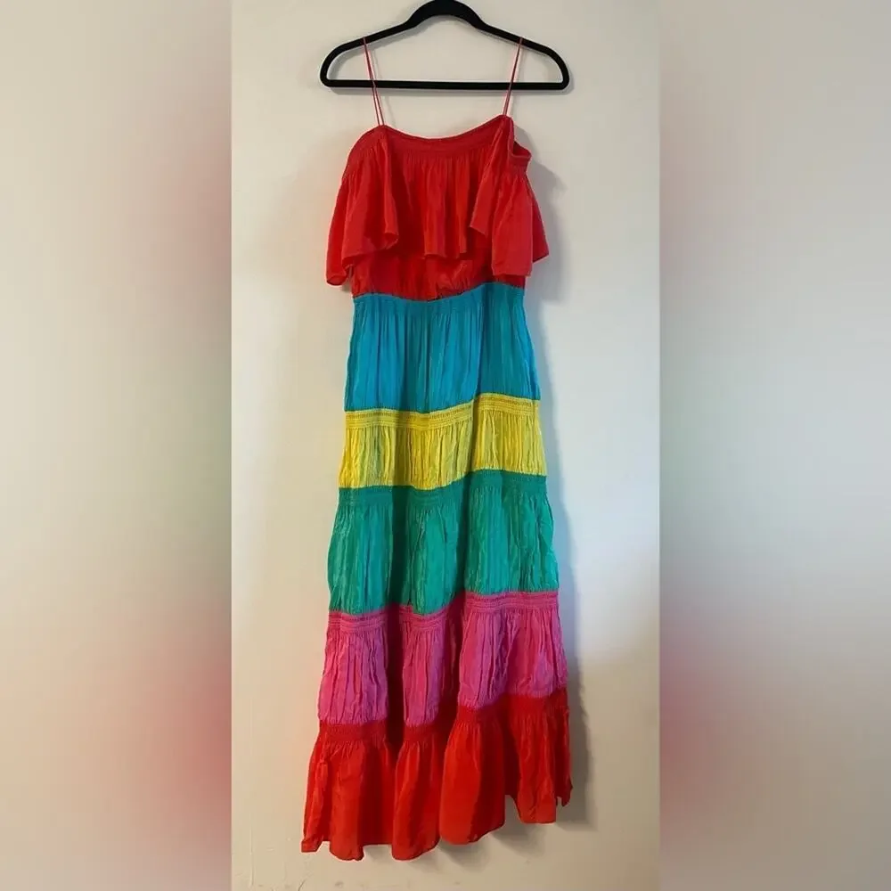 ALICE + OLIVIA Kia Rainbow Tiered Maxi Dress | Colorblock Resort Statement - Picture 3 of 10